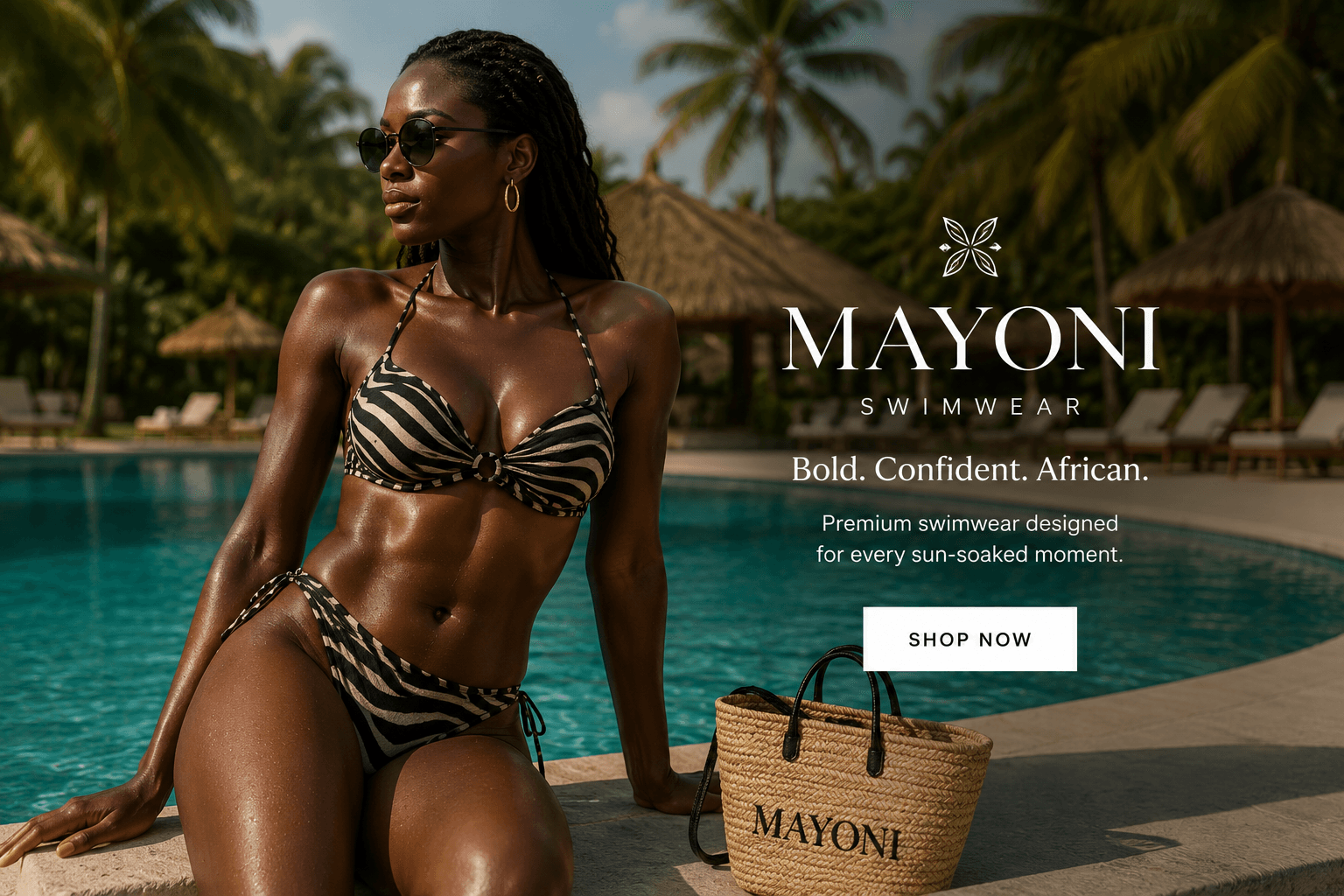 Mayoni Swimwear campaign photograph: a model in zebra-print swimwear beside a pool, with the Mayoni Swimwear wordmark and a Shop Now call to action